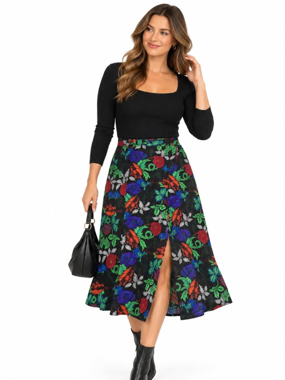 Topshop Womens 6 Black Floral Midi Skirt Front Slit A Line Hidden Zip